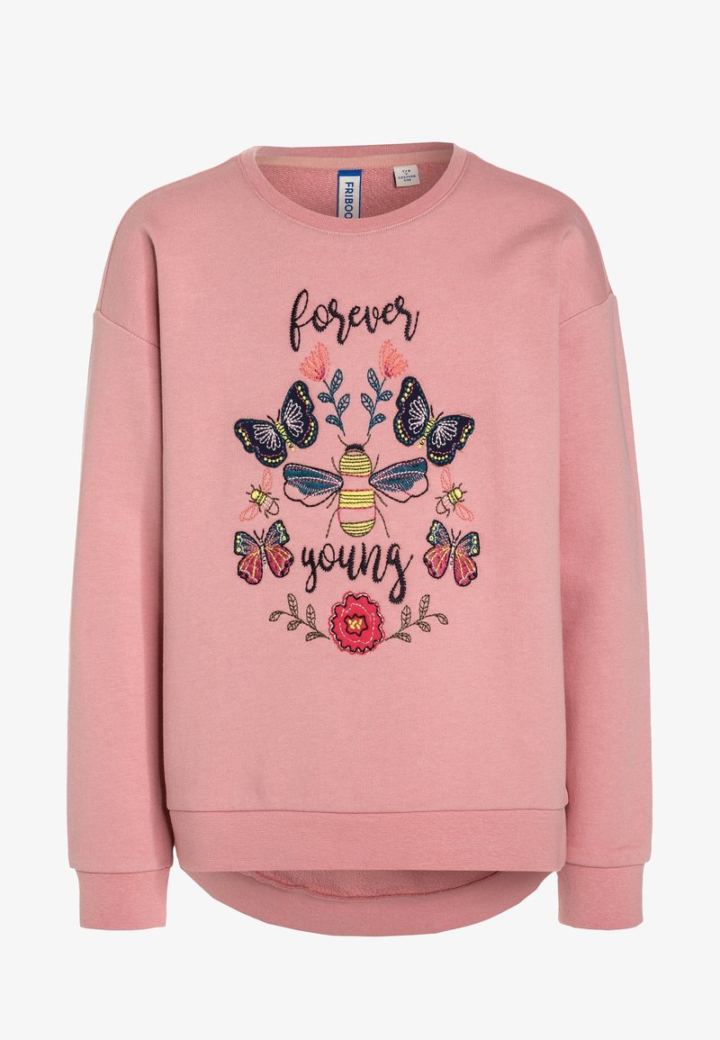 Sweat-shirt rose avec des abeilles, des papillons, des fleurs brodés et le texte « forever young » sur le devant, col rond et manches longues.