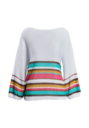 Weißer Strickpullover mit breiten Glockenärmeln, der horizontale Streifen in Pink, Braun, Türkis und Gelb quer über die Mitte aufweist.