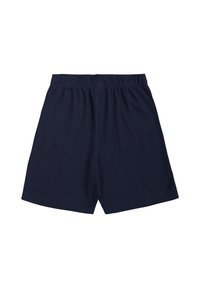 Navyblaue Baumwollshorts mit elastischem Bund, die eine glatte Textur und ein knielanges Design aufweisen, geeignet für legere Anlässe.