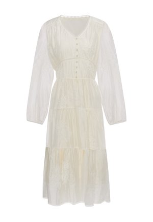 White midi dress with long sheer sleeves, V-neck, button-down front, and subtle floral embroidery pattern.