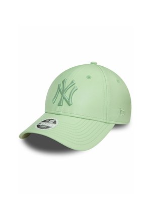 Light green baseball cap with an embossed NY logo, curved brim, and smooth texture. Features stitched seams and a size sticker on the brim.