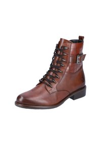 Bottine en cuir marron avec un motif texturé en crocodile, fermeture lacée à l'avant et accent de boucle sur le côté. Talon épais pour plus de stabilité.