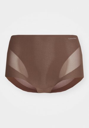 Hnědé bezešvé vysoké kalhotky s síťovanými detaily a logem Calvin Klein. Mají hladkou texturu a design plného krytí.