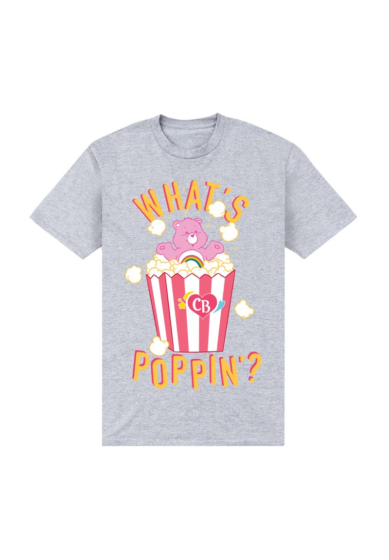 Szary t-shirt w kolorze heather z różowym niedźwiedziem w paskowanej wiaderku na popcorn, z napisem "CO SŁYCHAĆ?" w kolorze żółtym i różowym.