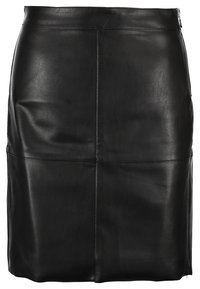 Svart läderkjol i knälängd med synlig sömnad och sidodragkedja.