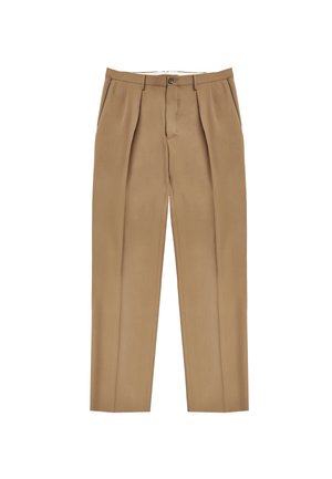 Pantalons beiges ajustés avec une coupe droite, dotés de pinces à l'avant, d'une fermeture à un bouton et de poches latérales. Texture de tissu lisse.