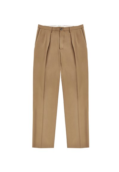 Beige maßgeschneiderte Hose mit geradem Schnitt, mit vorderen Falten, einem einzelnen Knopfverschluss und seitlichen Taschen. Glatte Stoffstruktur.