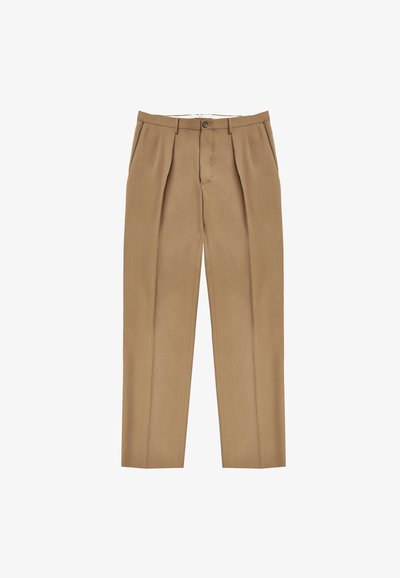 Beige maßgeschneiderte Hose mit geradem Schnitt, mit vorderen Falten, einem einzelnen Knopfverschluss und seitlichen Taschen. Glatte Stoffstruktur.