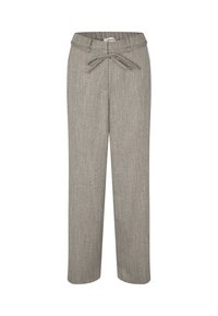 Light grey, woven trousers with a textured pattern, elastic waistband, and tie detail. Straight leg design with no visible pockets.