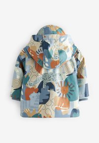 Impermeabile per bambini con cappuccio, caratterizzato da una varietà di motivi animali colorati. Realizzato in materiale impermeabile nelle tonalità di blu, arancione e crema.