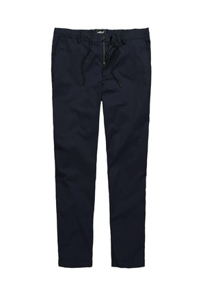 Pantalones de hombre en azul marino con cintura ajustable mediante cordón, cierre de cremallera y bolsillos laterales. Fabricados en una tela suave y ligera con un diseño de pierna recta.