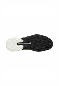 Sole di scarpa sportiva in bianco e nero con un motivo a spina di pesce, superficie liscia e una scanalatura centrale per trazione e flessibilità.