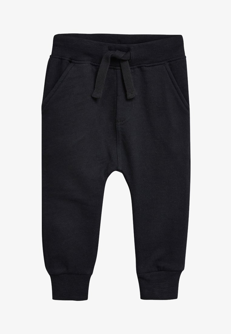 Black sweatpants made of soft fabric, featuring an elastic waistband with drawstring, two side pockets, and tapered cuffs.