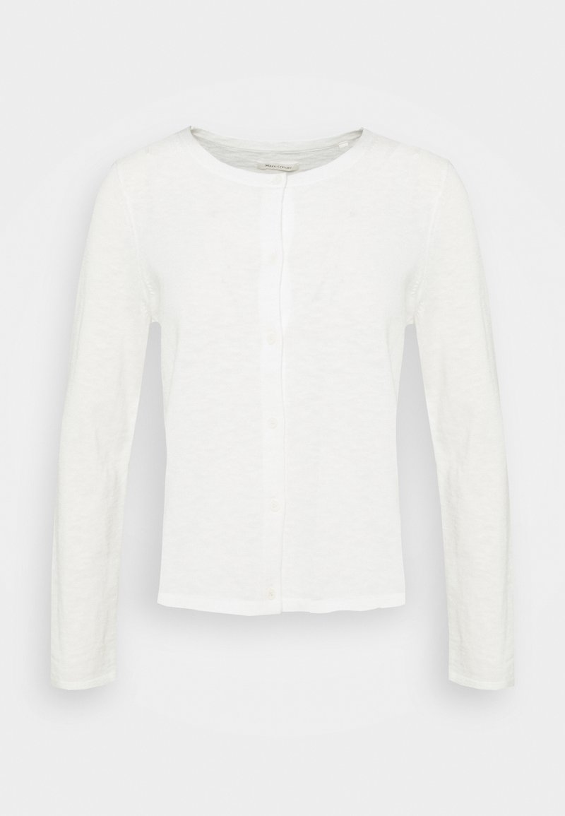Cardigan bianco a maniche lunghe in un morbido tessuto leggero, con scollatura rotonda e chiusura frontale a bottoni completa.