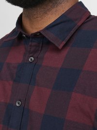 Geruite shirt in rood en marineblauw, met knoopsluiting, klassieke kraag en zwarte plastic knopen met een gestructureerde stof.