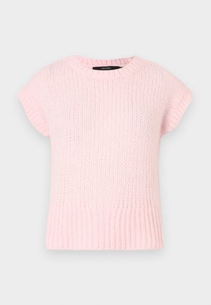 Pull rose clair en tricot avec manches courtes en forme de capuchon, encolure ronde et texture côtelée à l'ourlet, présentant un design doux et décontracté.