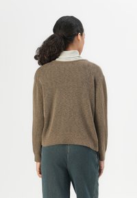 Brown knit sweater with a relaxed fit, ribbed hem, and dropped shoulders, paired with dark green trousers and a striped collared shirt underneath.