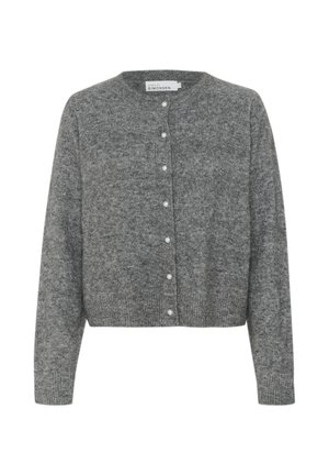 Šedý pletený cardigan s kulatým výstřihem, dlouhými rukávy a zkráceným lemem. Obsahuje řadu centrálních knoflíků připomínajících perly.