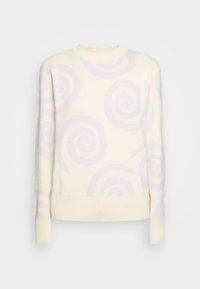 Cremfarbener Pullover mit weicher Textur, verziert mit lavendelfarbenen Spiralmustern, einem runden Ausschnitt sowie enganliegenden Bündchen und Saum.