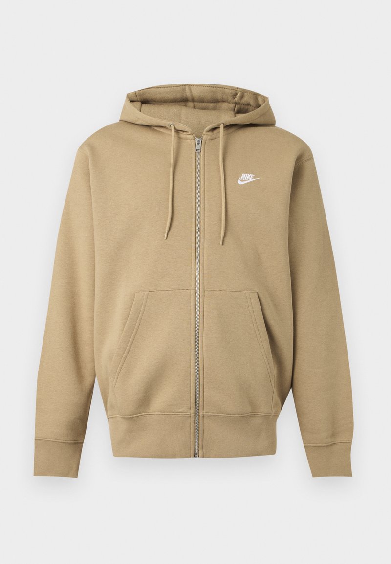 Beige zip-up hoodie with front pockets, adjustable hood strings, and white Nike logo on left chest.