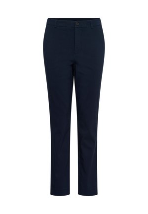 Navyblaue Hose mit geradem Schnitt, aus einem glatten Stoff gefertigt. Verfügt über einen einreihigen Knopfverschluss und Gürtelschlaufen, ohne sichtbare Muster oder Akzente.