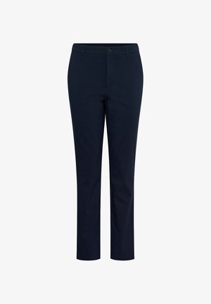 Navyblaue Hose mit geradem Schnitt, aus einem glatten Stoff gefertigt. Verfügt über einen einreihigen Knopfverschluss und Gürtelschlaufen, ohne sichtbare Muster oder Akzente.