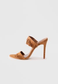 Tan suede high-heeled sandal with two fringed straps over the foot and an open back. Features a pointed toe and a stiletto heel.