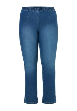 Siniset denimpuskurit, joissa on joustava vyötärönauha ja suorat lahkeet, ei näkyviä nappeja tai vetoketjuja.