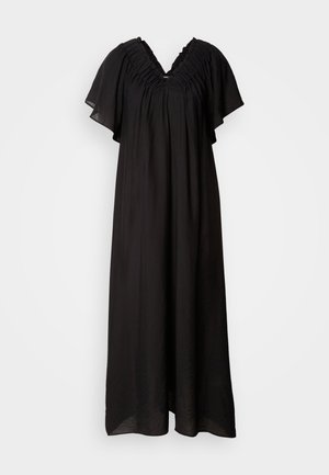 Vestido maxi preto com decote em V e detalhes em babados nos ombros. Tecido leve com mangas curtas e largas e um corte solto.