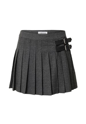 Grijze geruite geplooide rok met dubbele zwarte gespaccenten. Voorzien van een tailleband en gelaagde plooien voor een gestructureerde vorm.