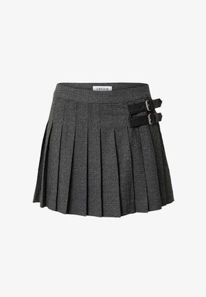 Grijze geruite geplooide rok met dubbele zwarte gespaccenten. Voorzien van een tailleband en gelaagde plooien voor een gestructureerde vorm.