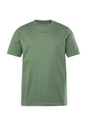 Grünes Baumwoll-T-Shirt mit Rundhalsausschnitt, kurzen Ärmeln und auf der Vorderseite in dunkler Schrift bedrucktem JP1880-Logo. Glatte Textur, lässige Passform.