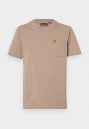 Brown short-sleeve t-shirt made of soft cotton, featuring a chest pocket with a yellow butterfly emblem. Classic crew neck design.