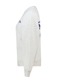 Sweat-shirt gris clair en tissu doux, avec une coupe ample, des poignets côtelés et un grand motif graphique bleu sur les manches.