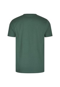 Kurzarm-T-Shirt aus dunkelgrünem Baumwollstoff mit rundem Halsausschnitt. Glatte Textur und schlichtes Design, ohne zusätzliche Details oder Muster.