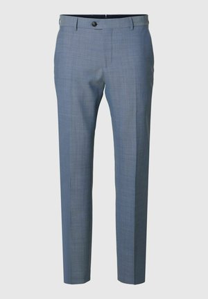 Světlé modré kalhoty na míru z texturované látky, s knoflíkovým zapínáním, předním záhybem a úzkým střihem.