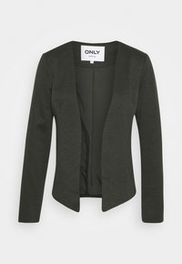 Ciemnozielony, lekki żakiet o eleganckim, otwartym przodzie i długich rękawach. Wykonany z gładkiego materiału o subtelnej strukturze.