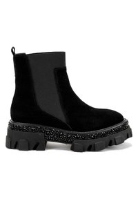 Stivaletti neri in suede alla caviglia con pannelli laterali elasticizzati, caratterizzati da una suola platform nera, chunky e texturizzata decorata con accenti glitterati.