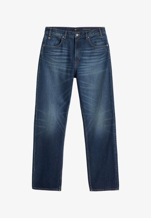 Blaue Jeans aus Denim mit geradem Schnitt, leicht gewaschen, mit dezentem Waschungseffekt, fünf Taschen und sichtbaren Nähten.