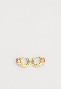 Gold hoop earrings with a glossy finish, featuring a pink faceted stone at the front. Curved design with a secure clasp mechanism.