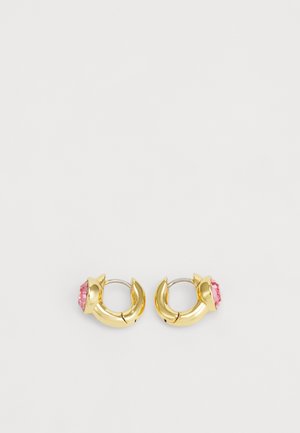 Gold hoop earrings with a glossy finish, featuring a pink faceted stone at the front. Curved design with a secure clasp mechanism.