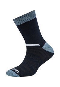 Calzino blu navy con bordo a costine blu, strisce bianche vicino alla caviglia e punta rinforzata; texture morbida e design a metà polpaccio.