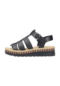 Sandales en cuir noir avec plusieurs sangles, boucle réglable, et un talon comportant une plate-forme de style espadrille texturée et rayée.