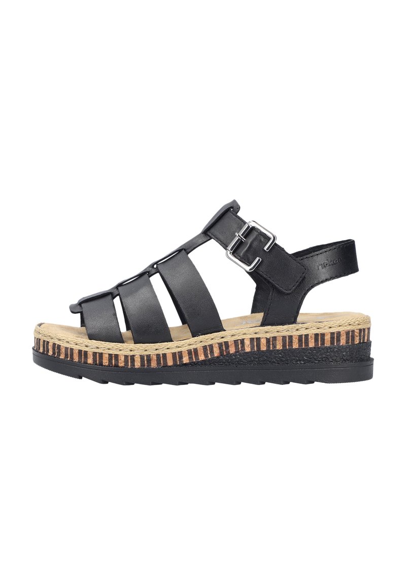 Sandales en cuir noir avec plusieurs sangles, boucle réglable, et un talon comportant une plate-forme de style espadrille texturée et rayée.