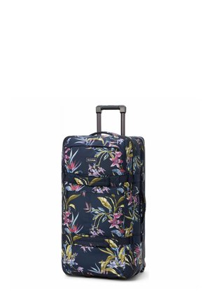 Großer dunkelblauer Rollkoffer mit ausziehbarem Griff, verziert mit pinkem und grünem Blumenmuster und vorderer Reißverschlusstasche.