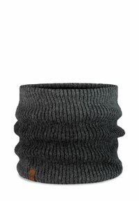 Dark gray knitted neck warmer with a ribbed texture and a fold-over design. Features a small leather logo patch on the side.