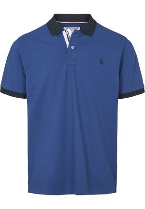 Polo blu a maniche corte con colletto nero e bordi delle maniche neri, due bottoni e piccolo logo ricamato sul petto sinistro.