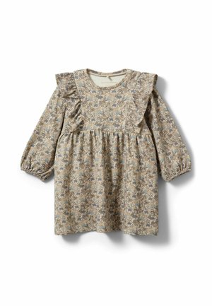 Abito a maniche lunghe color beige con motivi floreali, dettagli arricciati sulle spalle e un corpetto aderente che si apre in una gonna ampia e plissettata.