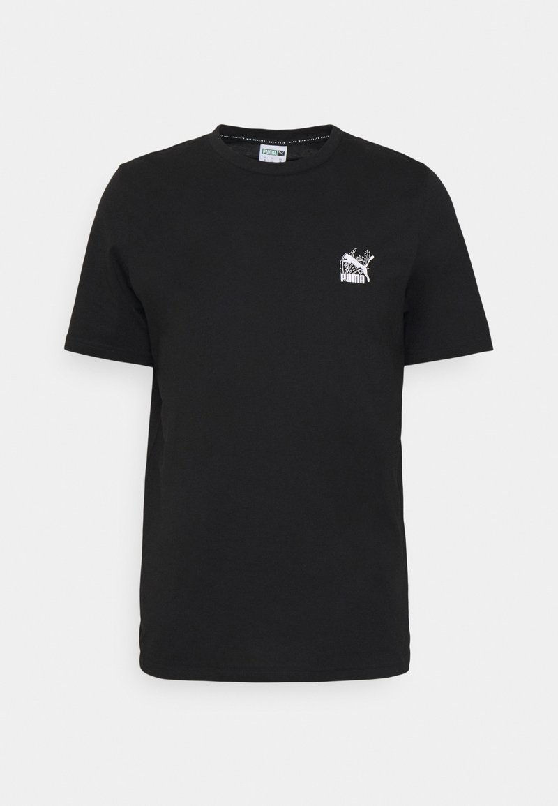 Černé krátkosrsté tričko Puma s malým bílým logem Puma obsahujícím pumu a stylizovaný design na levé straně hrudi.