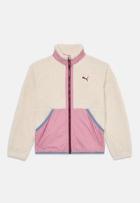 Licht crèmekleurige nepbontjas met roze en blauwe accenten, hoge kraag, ritssluiting aan de voorkant en zijzakken; voorzien van het Puma-logo.